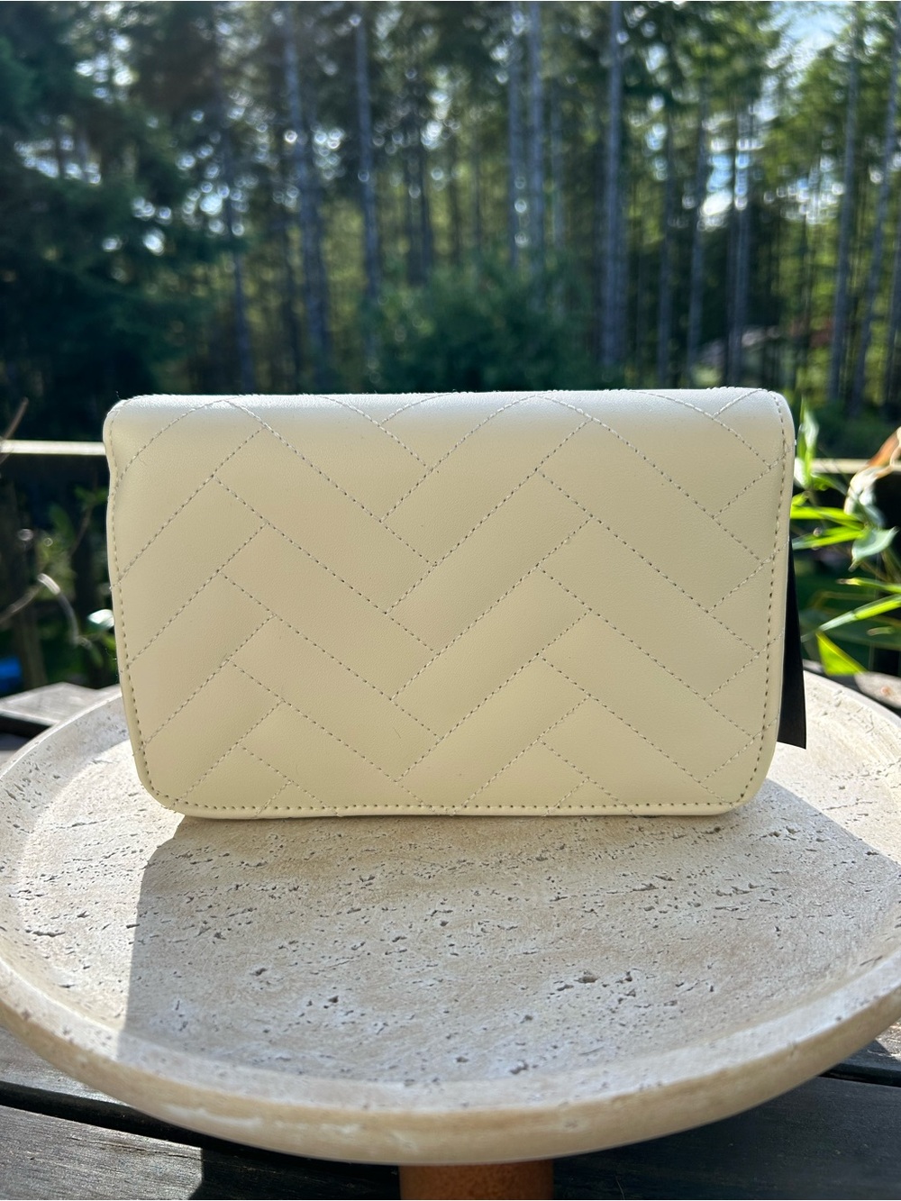 bebe Sophia Quilted Cream Crossbody Bag with Gold Plaque - Picture 2 of 9